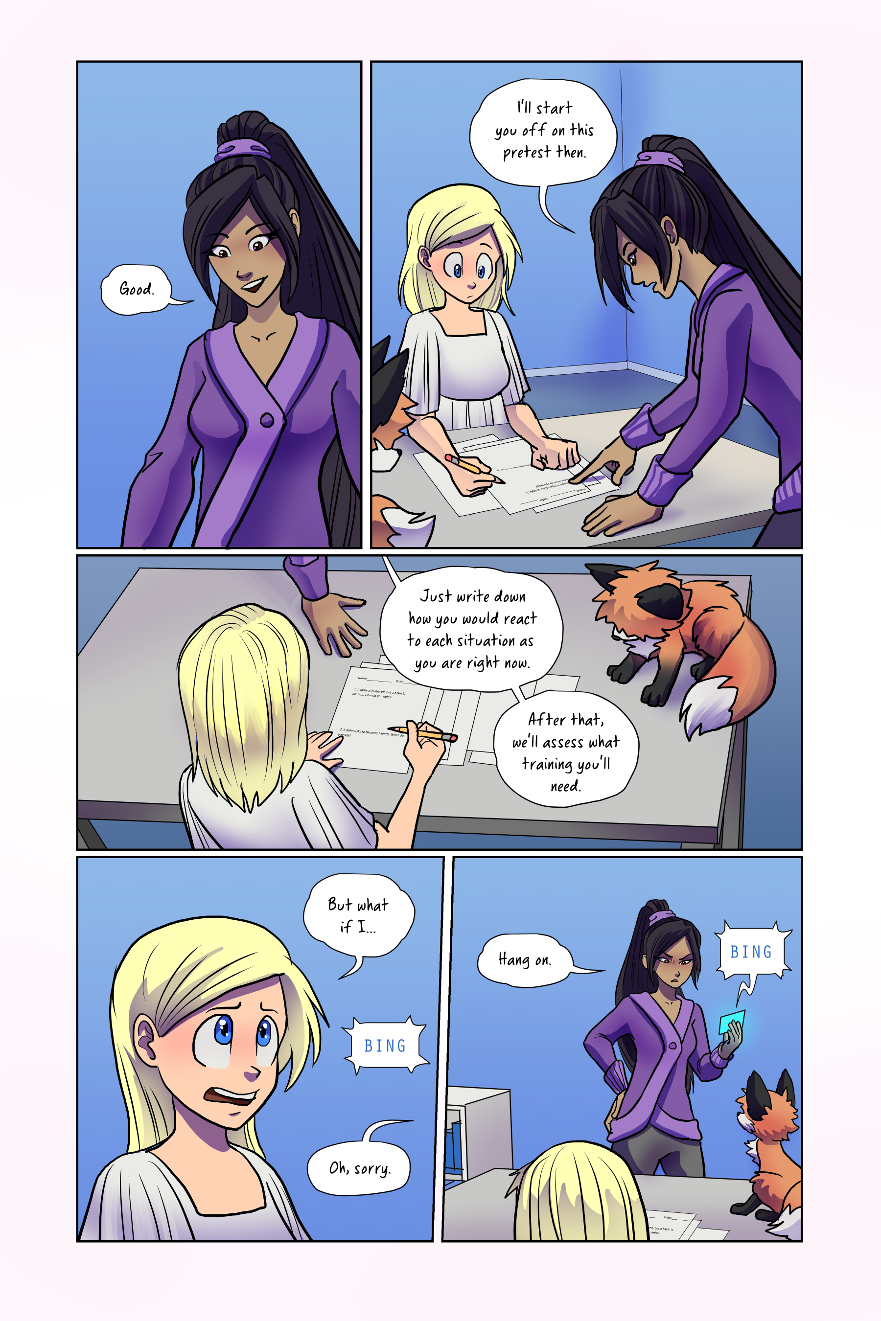 1. A mascot is injured, but a Main is present. How do you help?
2. A Main asks to become friends. What do you say?
 1. A mascot is injured, but a Main is present. How do you help?
2. A Main asks to become friends. What do you say?